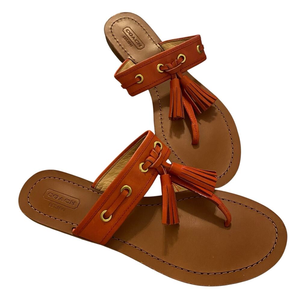 Coach Sheena Leather Tassel Thong Sandals Orange Tan Women's Size 8.5B Q1785
